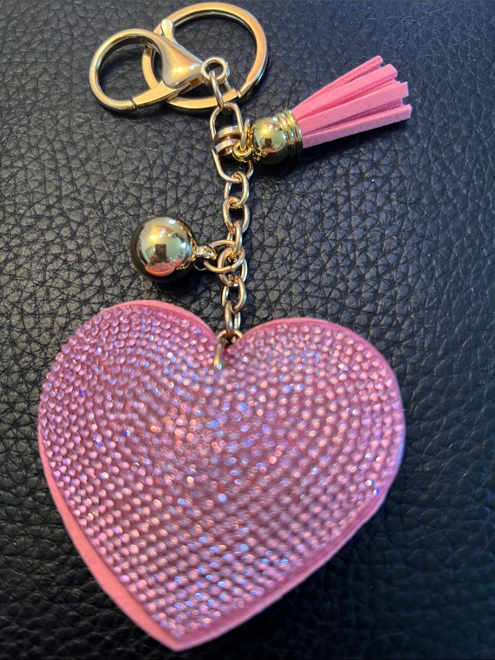 PUFFY PINK RHINESTONE HEART KEY CHAIN/ BAG CHARM